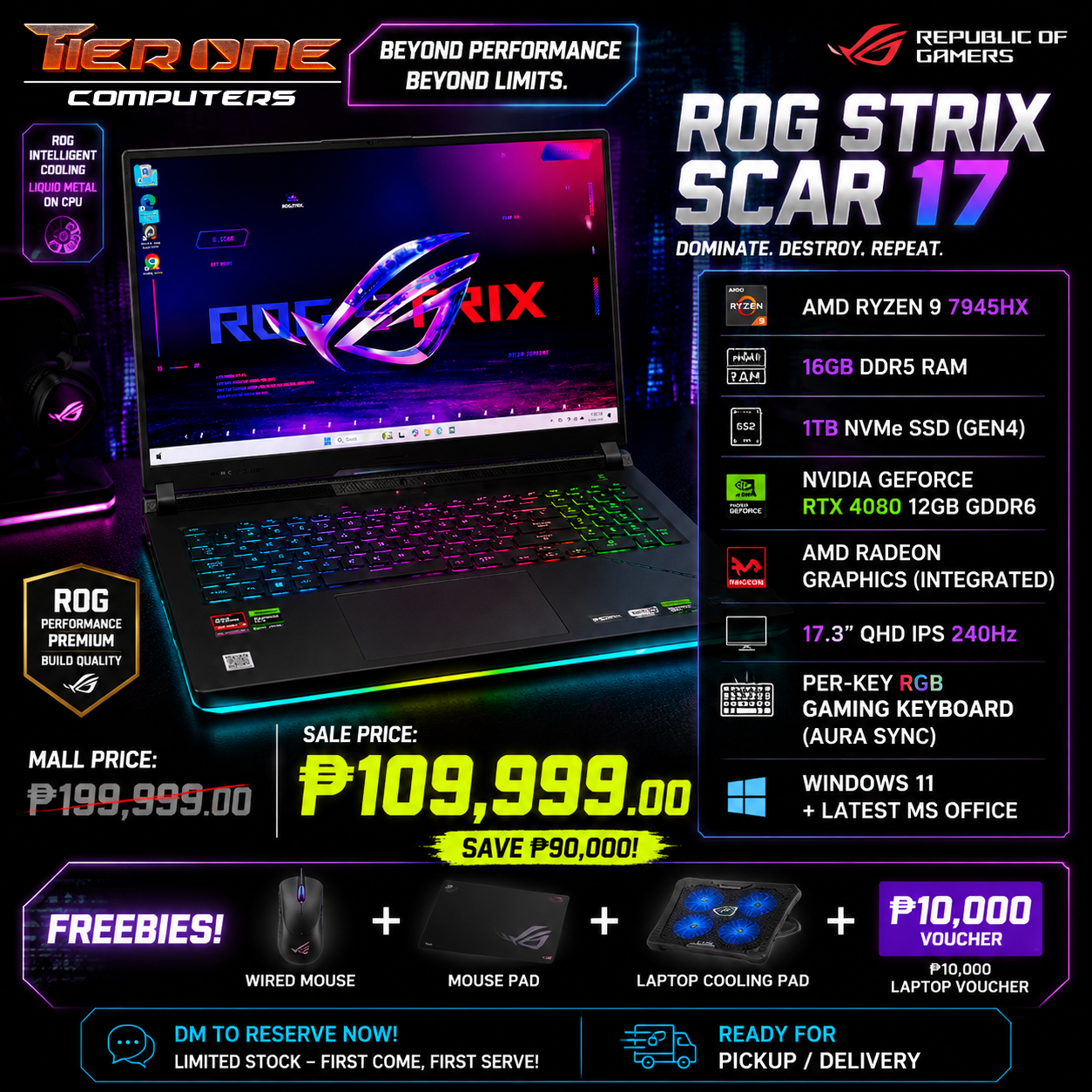 ASUS ROG STRIX SCAR 17 | Ryzen 9 | 16GB RAM | 1TB SSD | RTX 4080