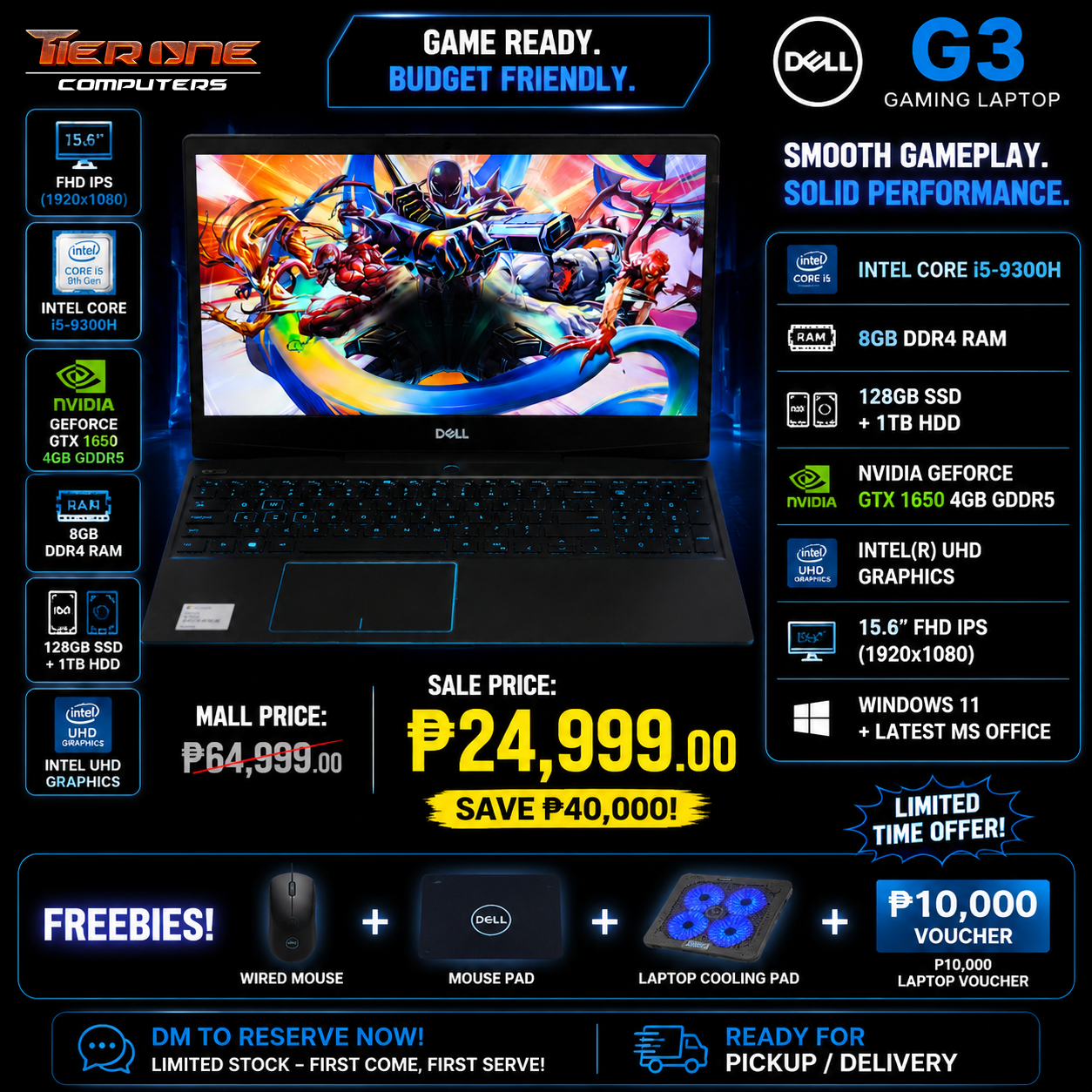 DELL G3 | Intel Core i5 | 8GB RAM | 128GB SSD + 1TB HDD | GTX 1650